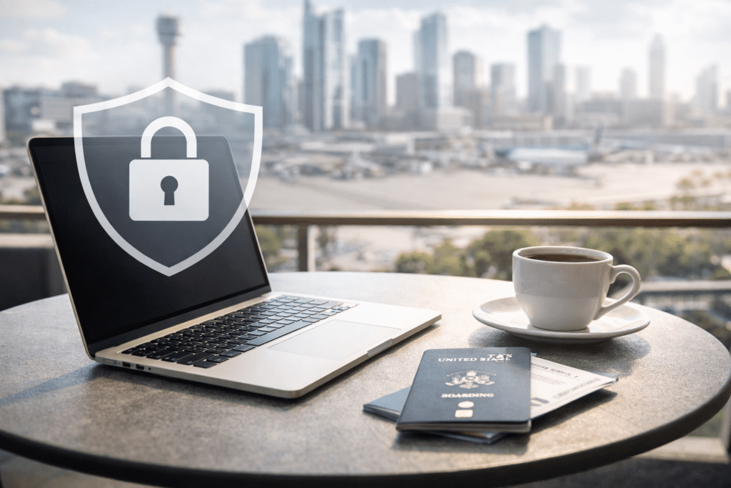 Laptop, passport, coffee, city view.