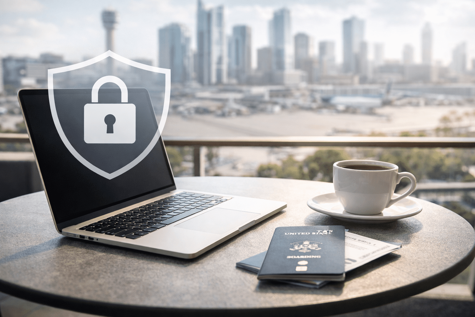 Laptop, passport, coffee, city view.