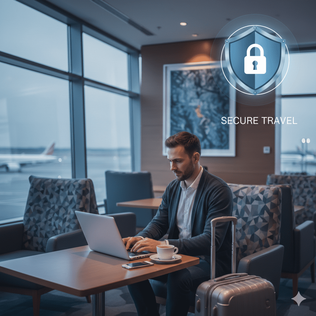Traveler using laptop in airport lounge